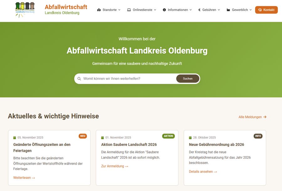 Entwurf der neuen Startseite für die Abfallwirtschaft Landkreis Oldenburg