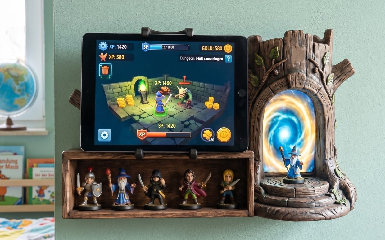 Portal-Station als Baumstamm neben einem Tablet mit dem Spiel, darunter fünf Sammelfiguren im Regal