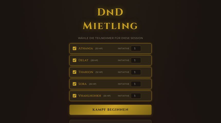 Startbildschirm des Combat-Trackers DnD Mietling